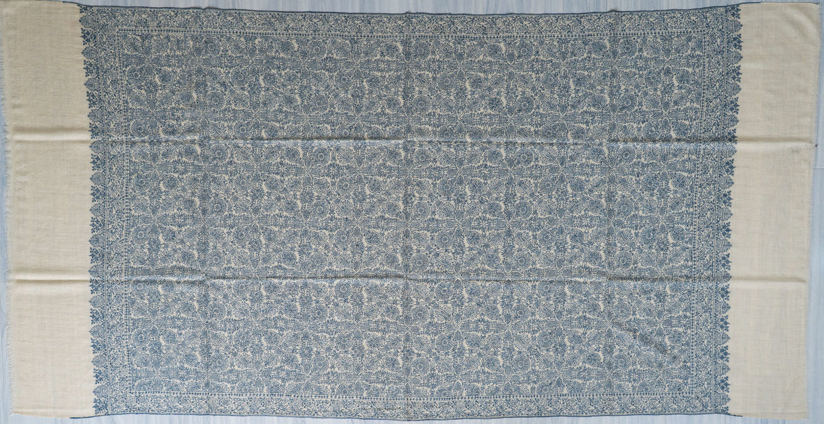 Blue Porcelain Pure Pashmina Sozni Hand Embroidered Shawl