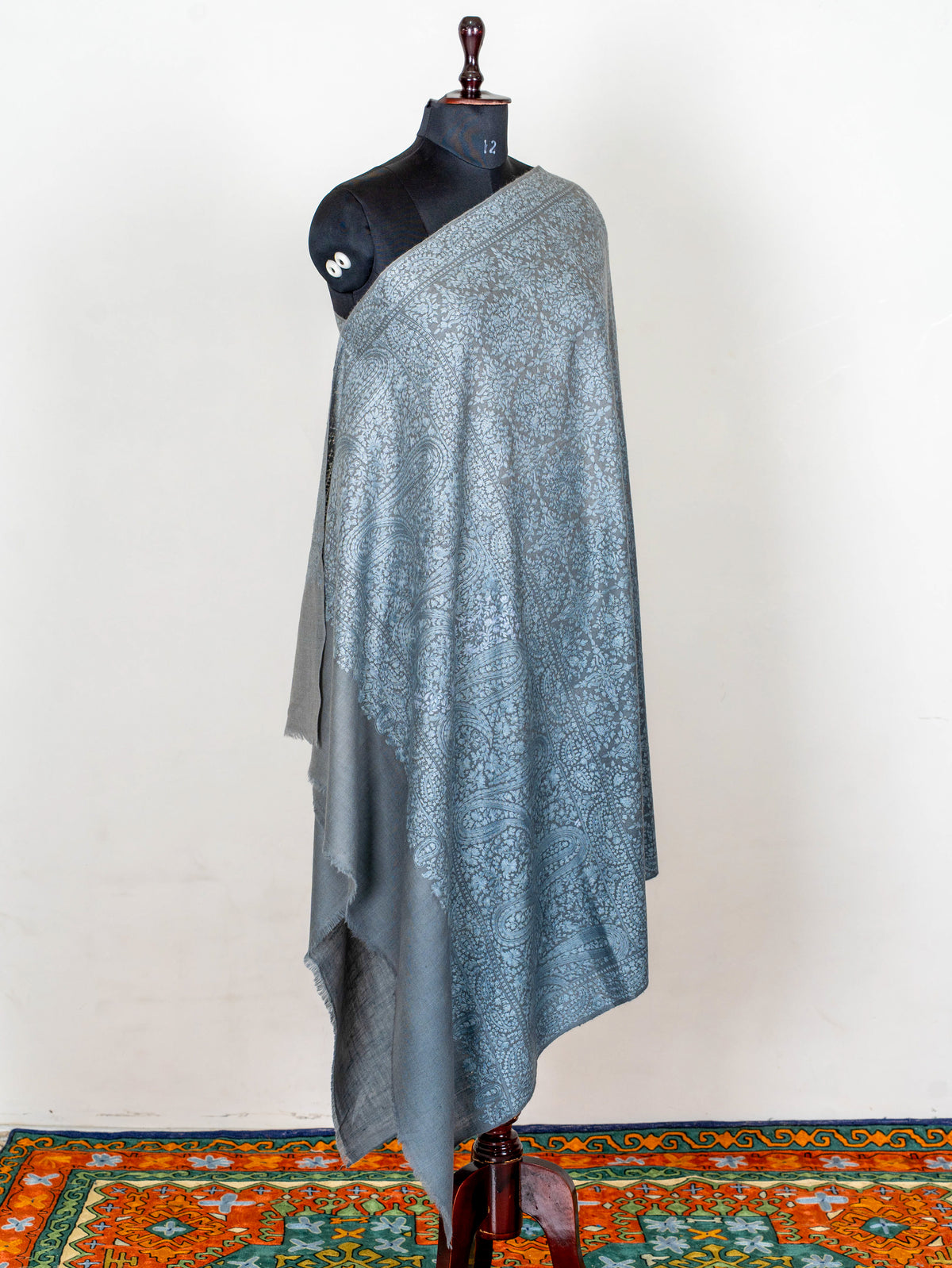 Slate Paisley Pure Pashmina Hand Embroidered Sozni Shawl