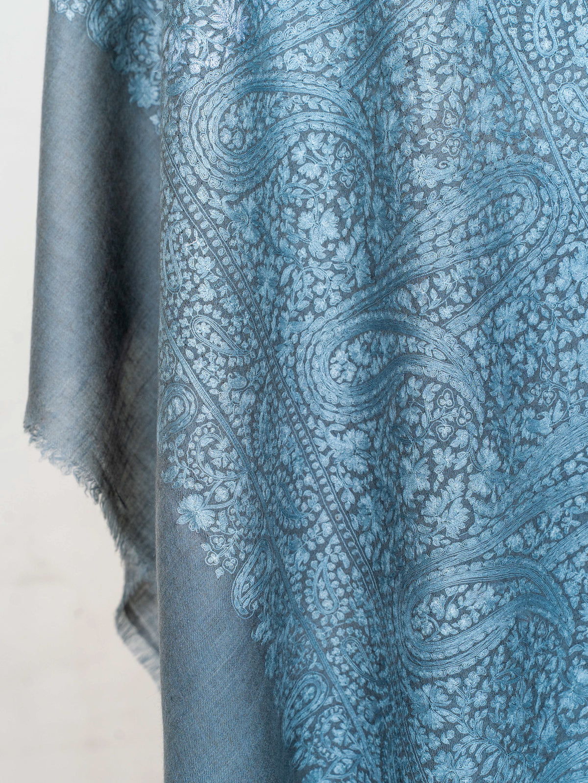 Slate Paisley Pure Pashmina Hand Embroidered Sozni Shawl