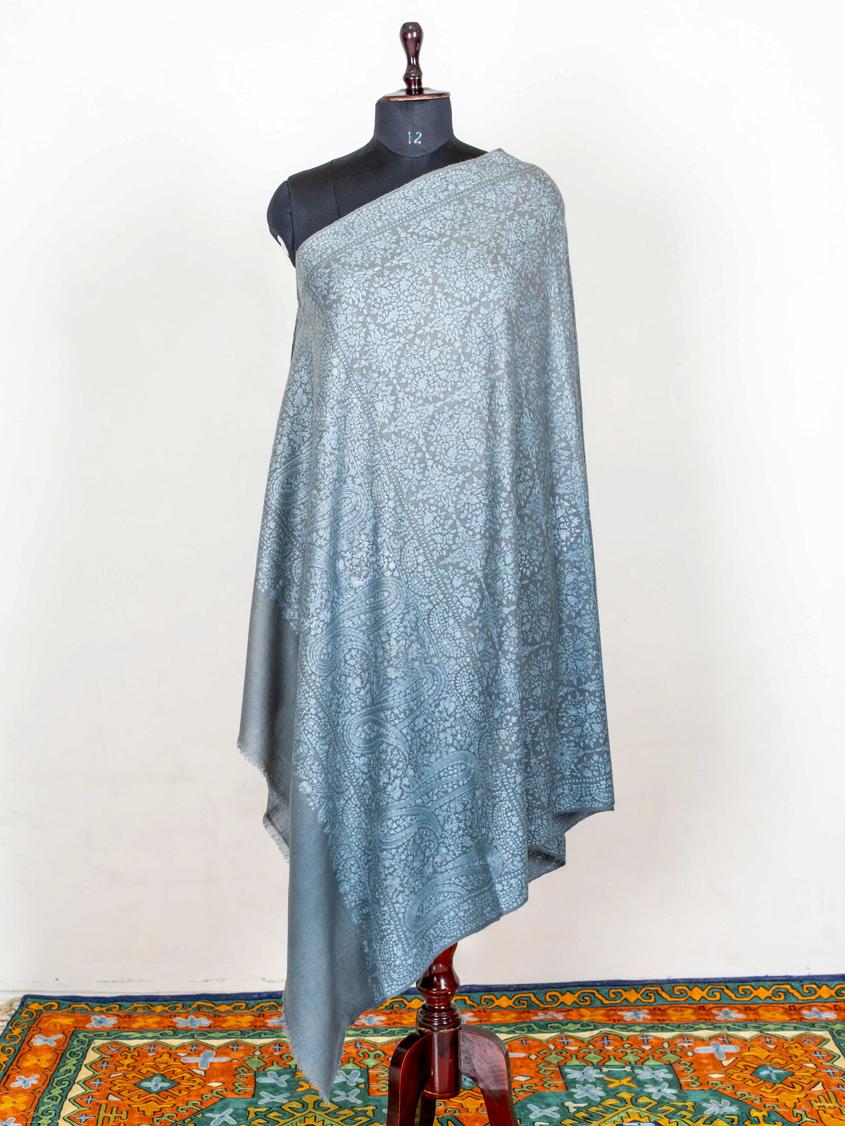 Slate Paisley Pure Pashmina Hand Embroidered Sozni Shawl