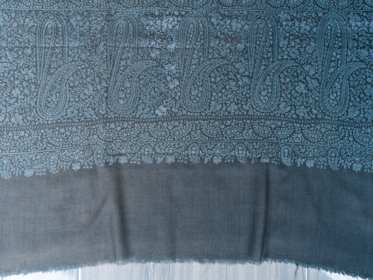 Slate Paisley Pure Pashmina Hand Embroidered Sozni Shawl