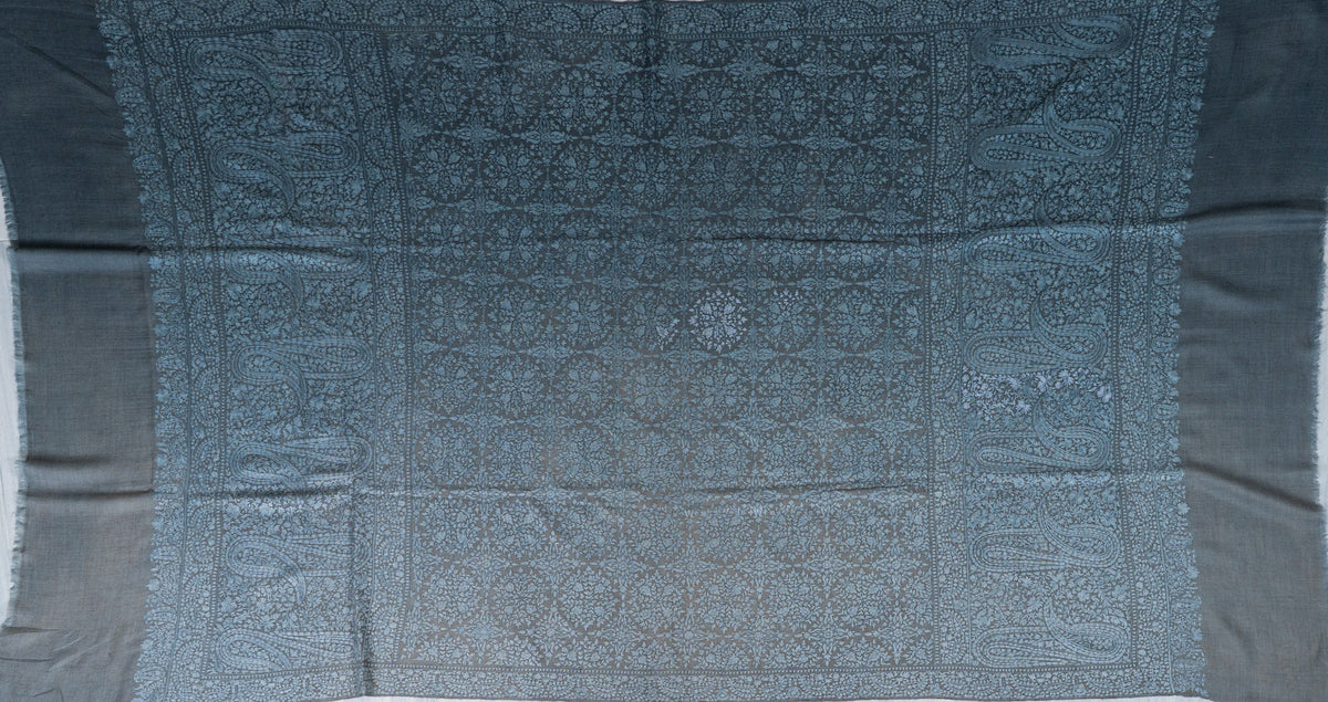 Slate Paisley Pure Pashmina Hand Embroidered Sozni Shawl
