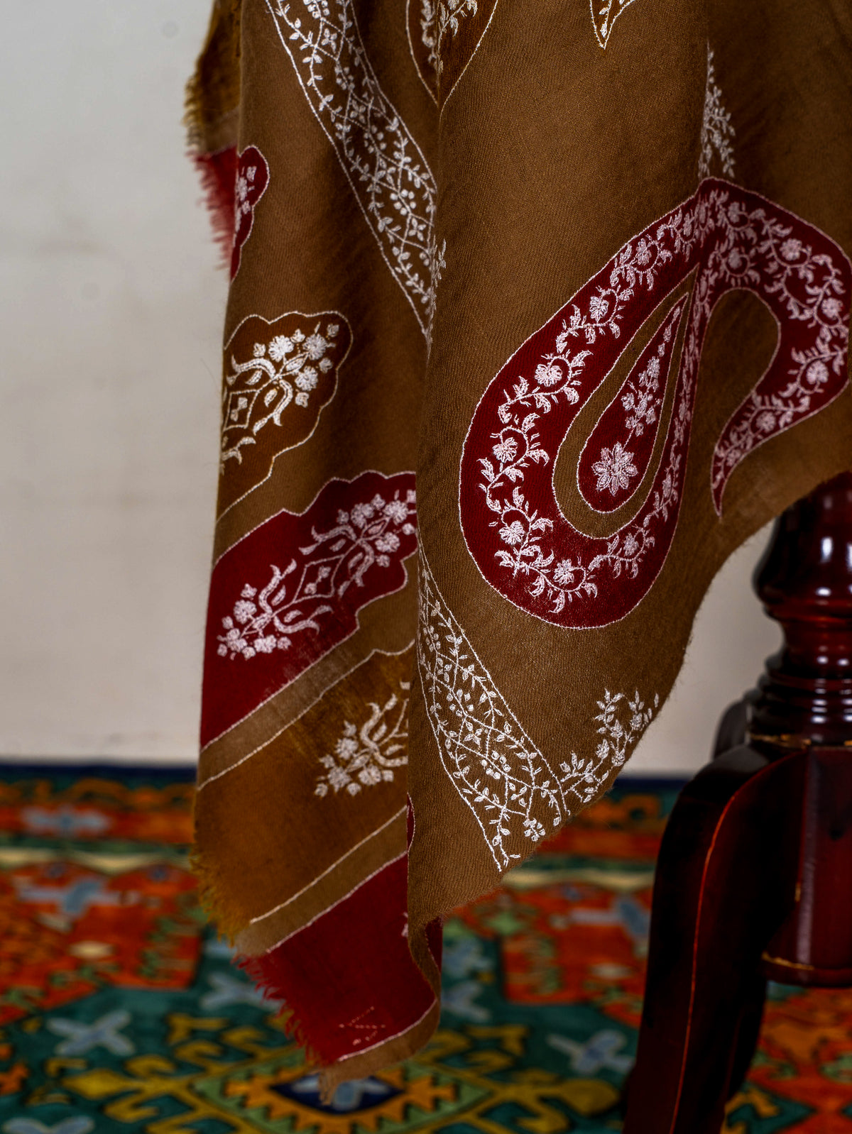 Walnut Paisley Pure Pashmina Hand Embroidered Sozni Shawl