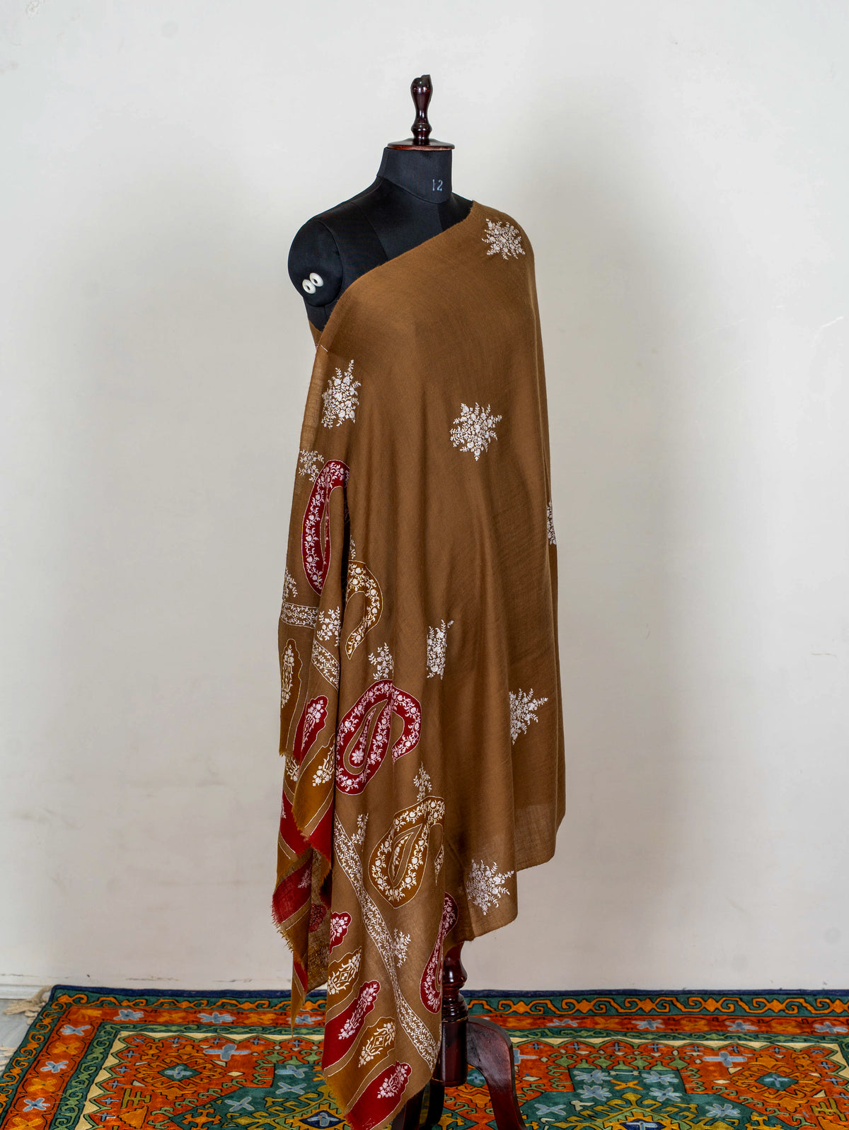 Walnut Paisley Pure Pashmina Hand Embroidered Sozni Shawl