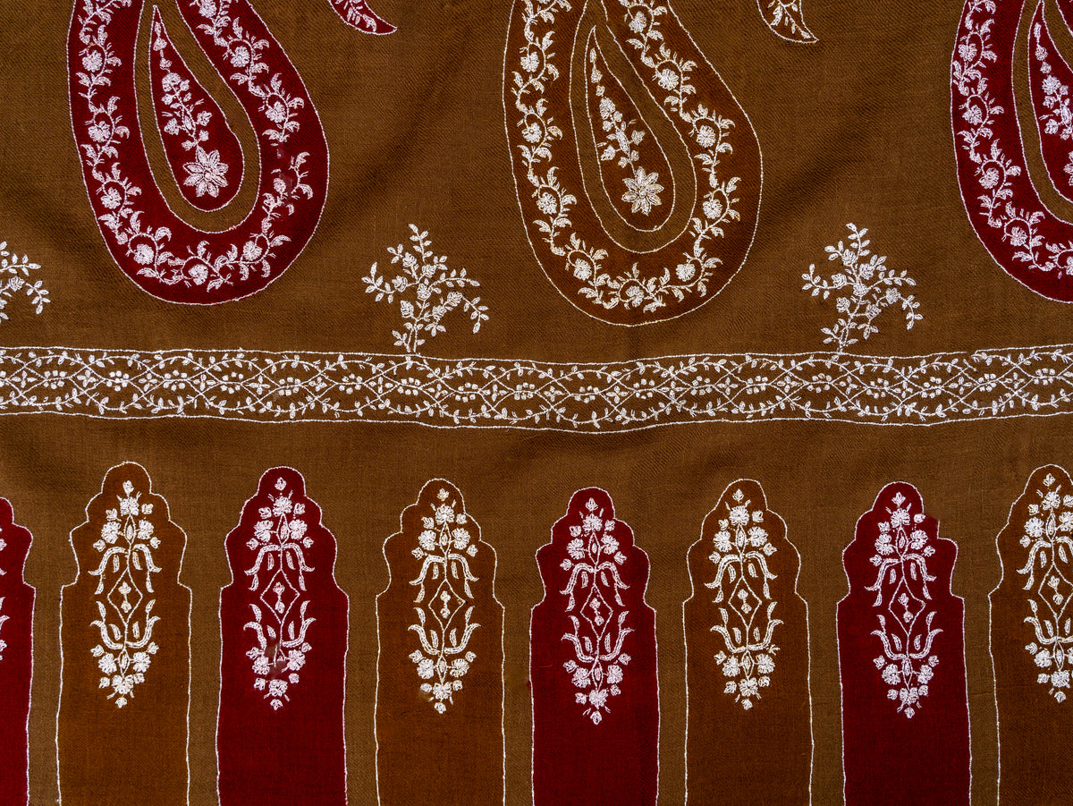 Walnut Paisley Pure Pashmina Hand Embroidered Sozni Shawl