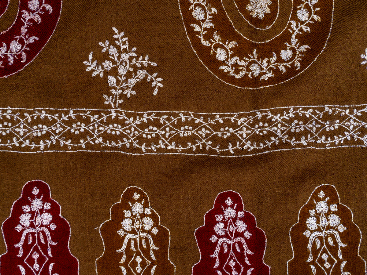 Walnut Paisley Pure Pashmina Hand Embroidered Sozni Shawl