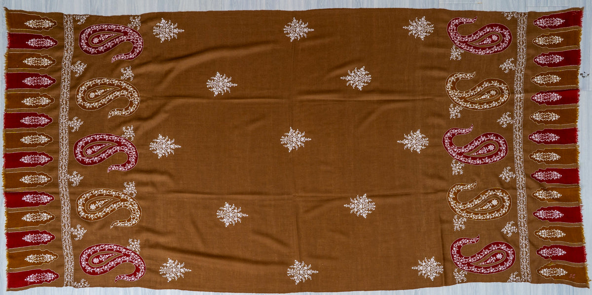 Walnut Paisley Pure Pashmina Hand Embroidered Sozni Shawl