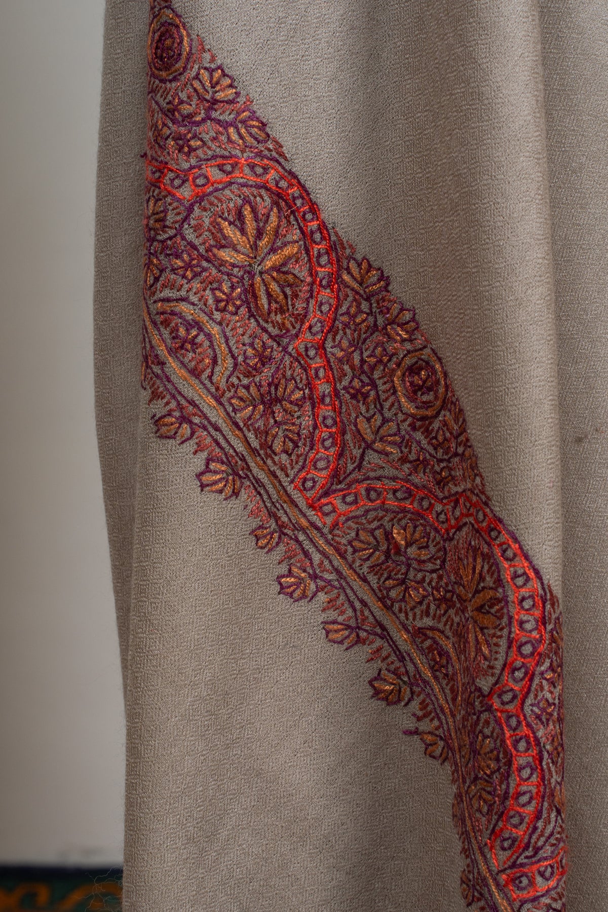 Earth Ember Classic: Merino wool 2.5 Yards Sozni Hand Embroidered Shawl