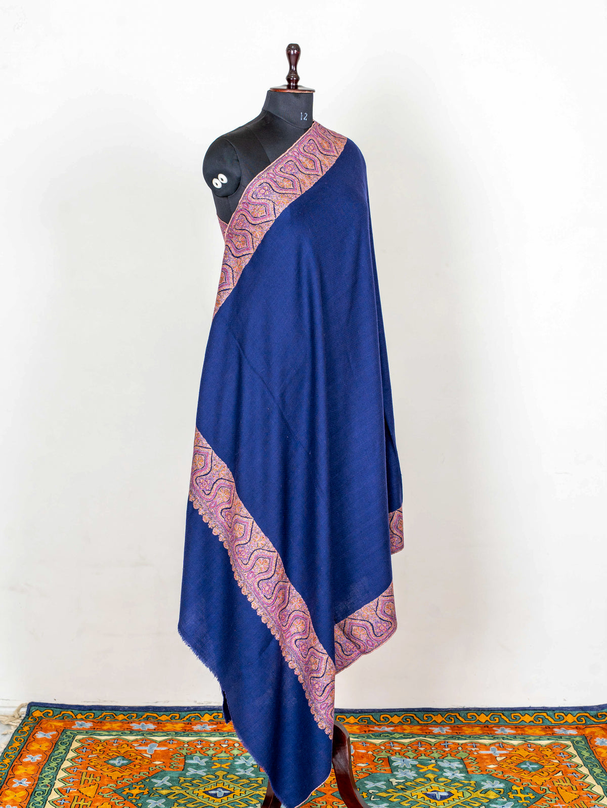 Royal Blue Border Pure Pashmina Sozni Hand Embroidered Shawl