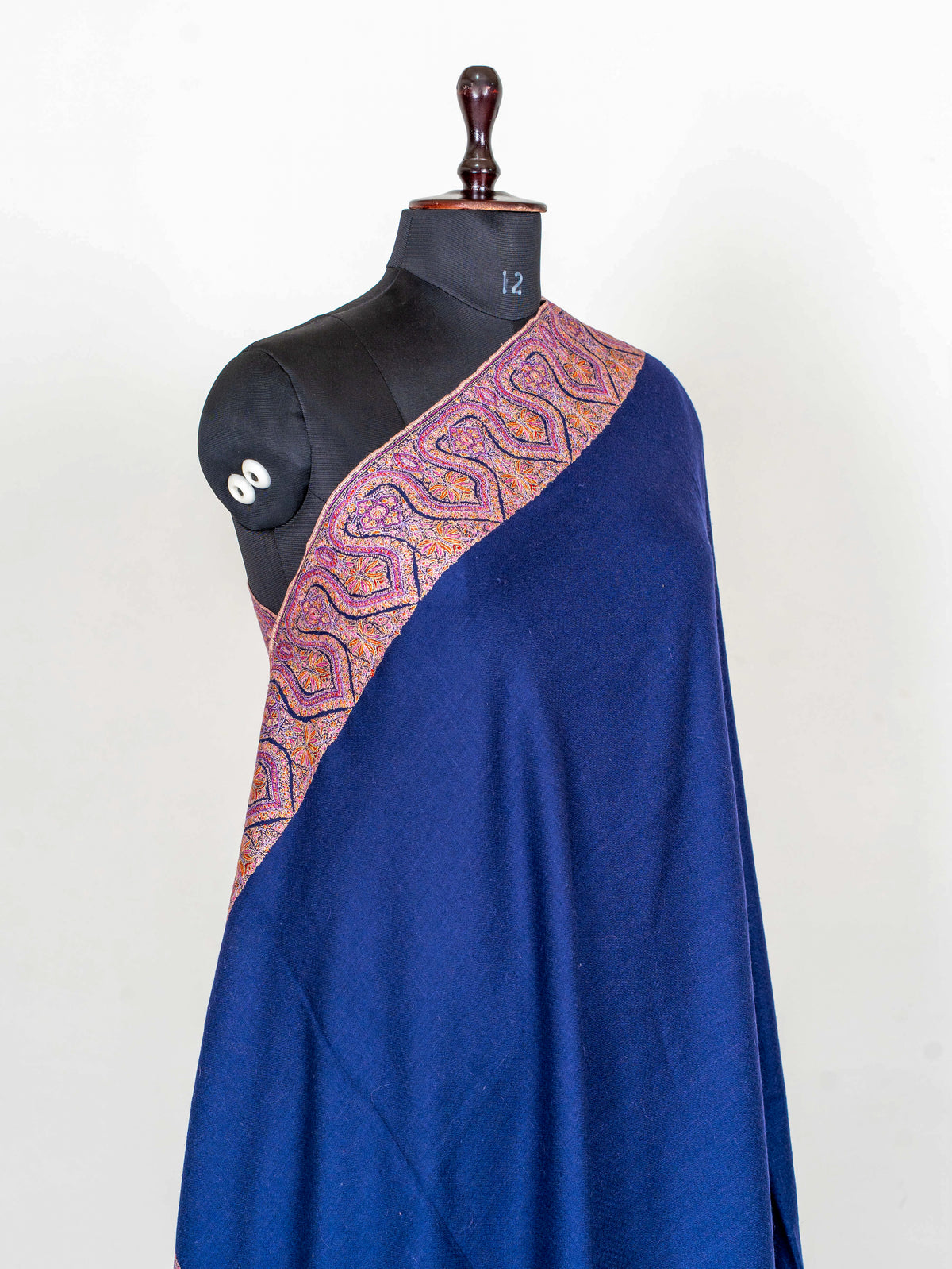 Royal Blue Border Pure Pashmina Sozni Hand Embroidered Shawl