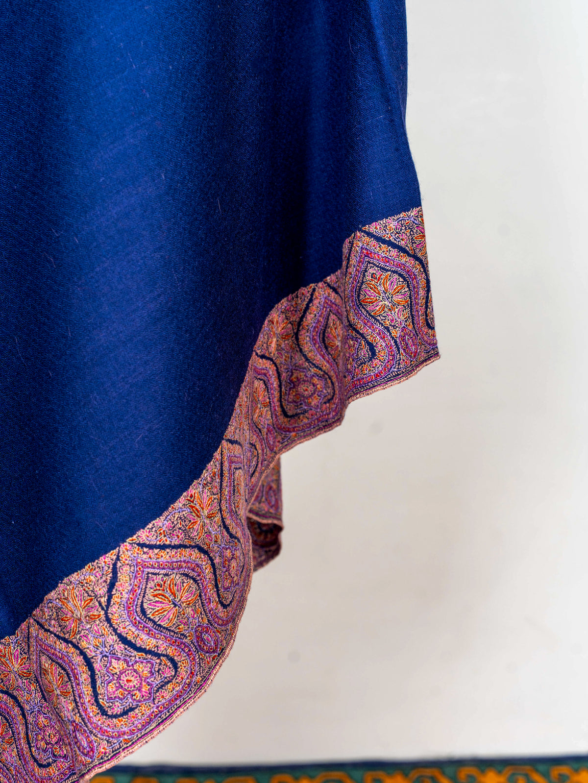 Royal Blue Border Pure Pashmina Sozni Hand Embroidered Shawl