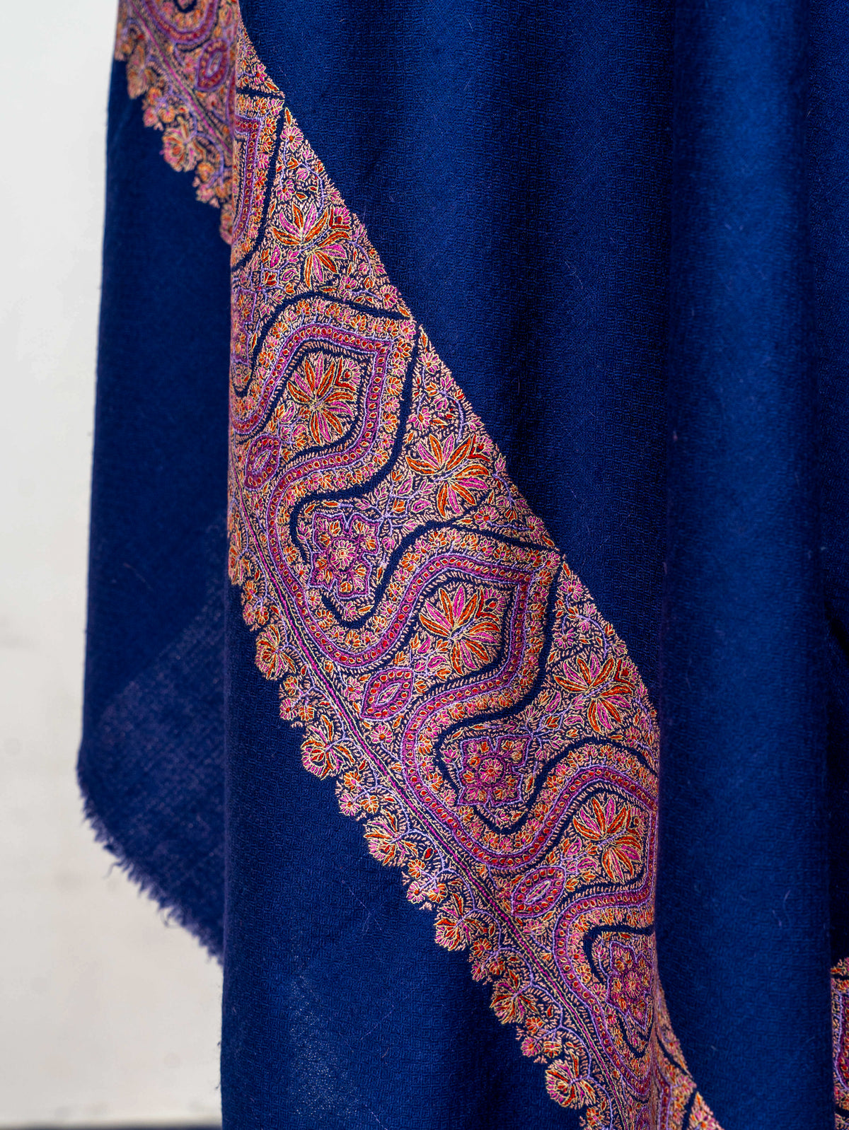 Royal Blue Border Pure Pashmina Sozni Hand Embroidered Shawl