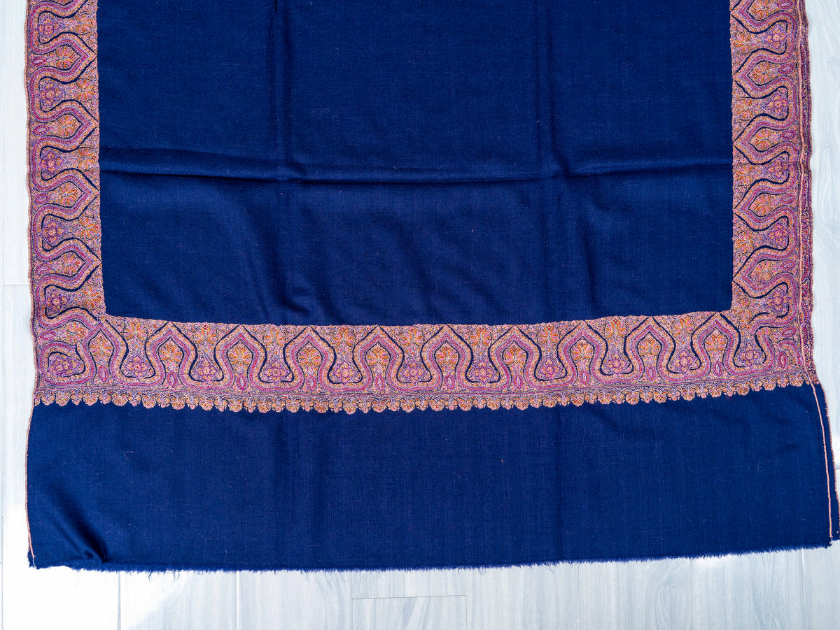 Royal Blue Border Pure Pashmina Sozni Hand Embroidered Shawl