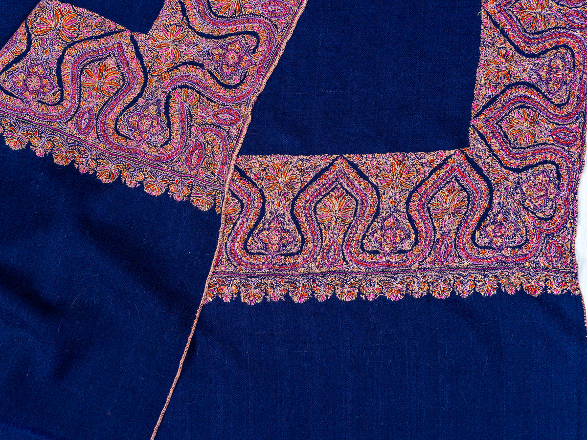 Royal Blue Border Pure Pashmina Sozni Hand Embroidered Shawl