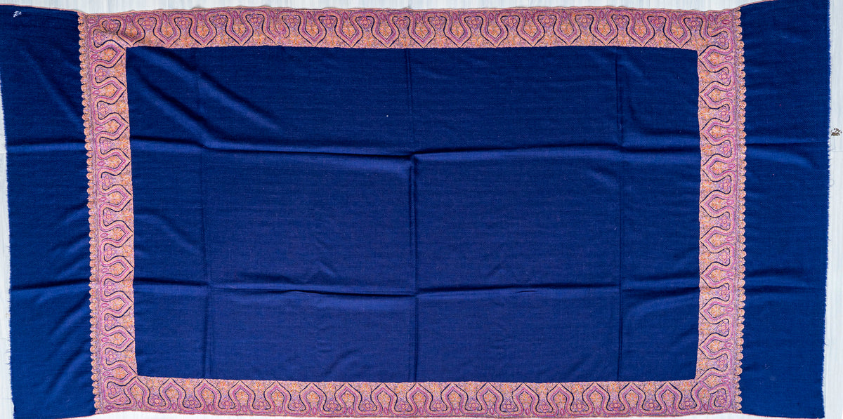 Royal Blue Border Pure Pashmina Sozni Hand Embroidered Shawl