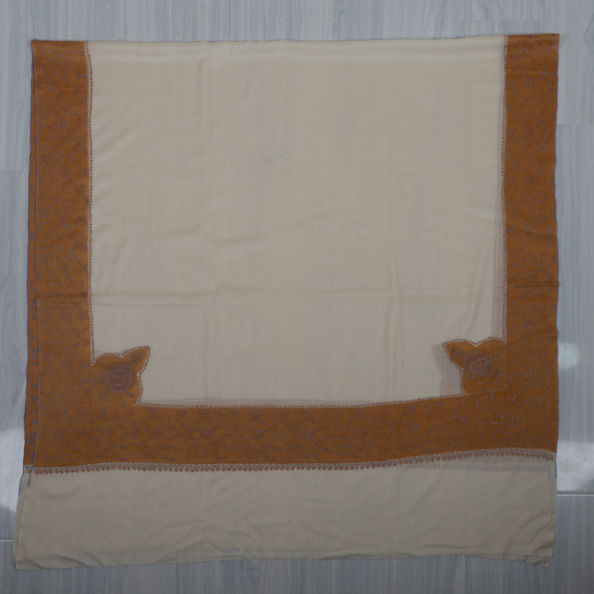 Saffron Bloom Classic: Merino wool 2.5 Yards Sozni Hand Embroidered Shawl