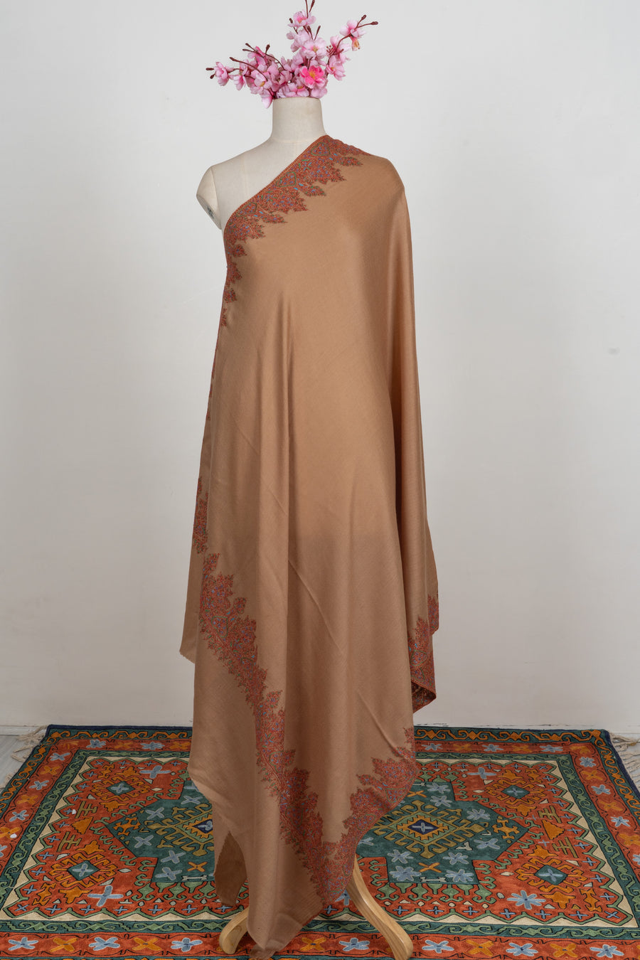 Caramel Heritage Glow: Merino wool 2.5 Yards Sozni Hand Embroidered Shawl