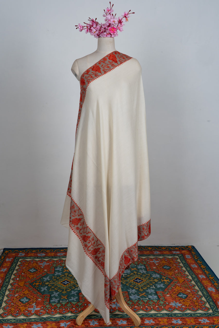 Ivory Flame Elegance: Merino wool 2.5 Yards Sozni Hand Embroidered Shawl