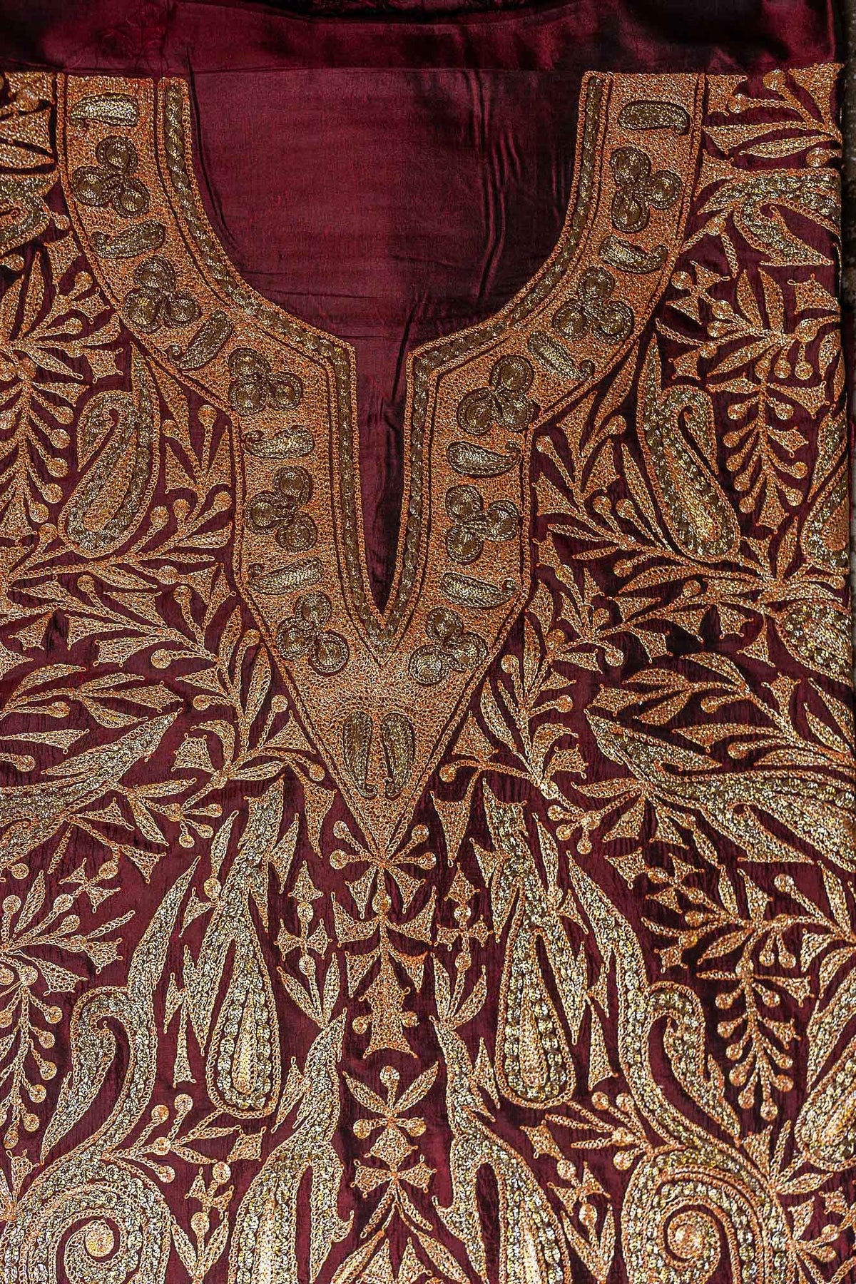 Luxurious Legacy: Maroon Kashmiri Suit in Pure Silk and Tilla Work - KashmKari