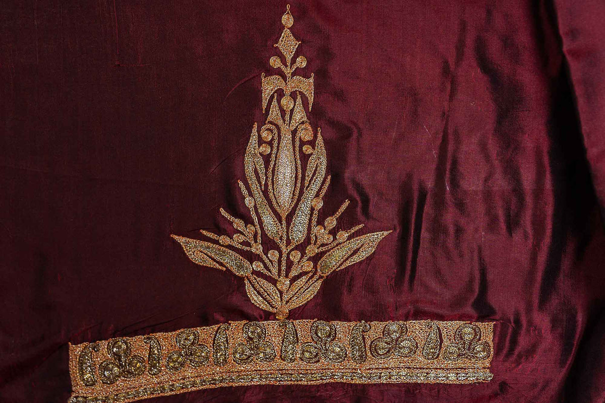 Luxurious Legacy: Maroon Kashmiri Suit in Pure Silk and Tilla Work - KashmKari