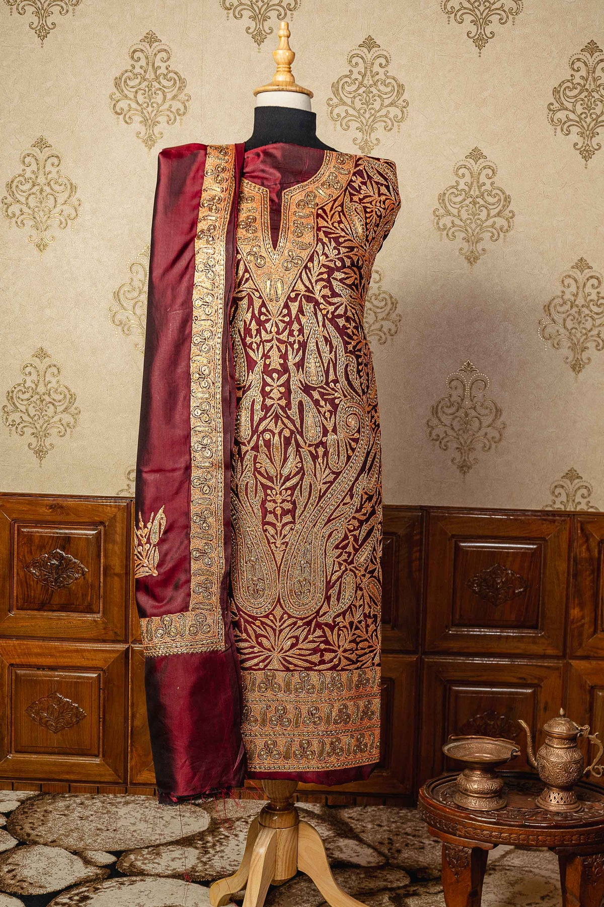 Luxurious Legacy: Maroon Kashmiri Suit in Pure Silk and Tilla Work - KashmKari