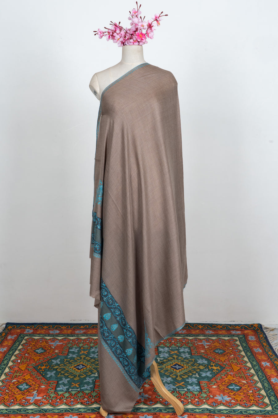 Walnut Teal Heritage: Merino wool 2.5 Yards Sozni Hand Embroidered Shawl