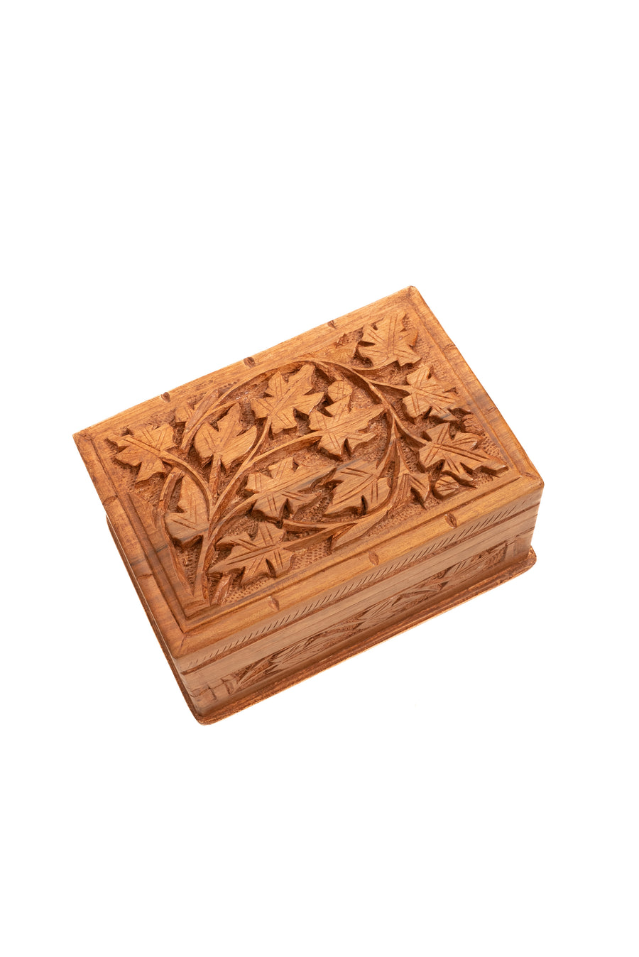 Size: 6" x 6" x 2.5" Hand Carved Walnut Wood Wooden Box: Leaf Cascade Chest