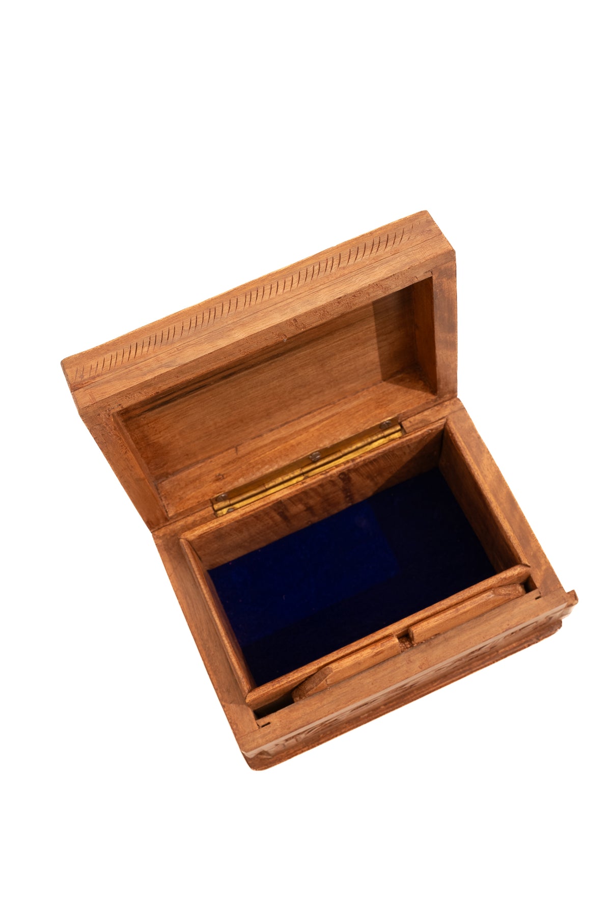 Angled overhead view of the open walnut box, showing the blue-lined interior, brass-coloured hinge and wooden latch