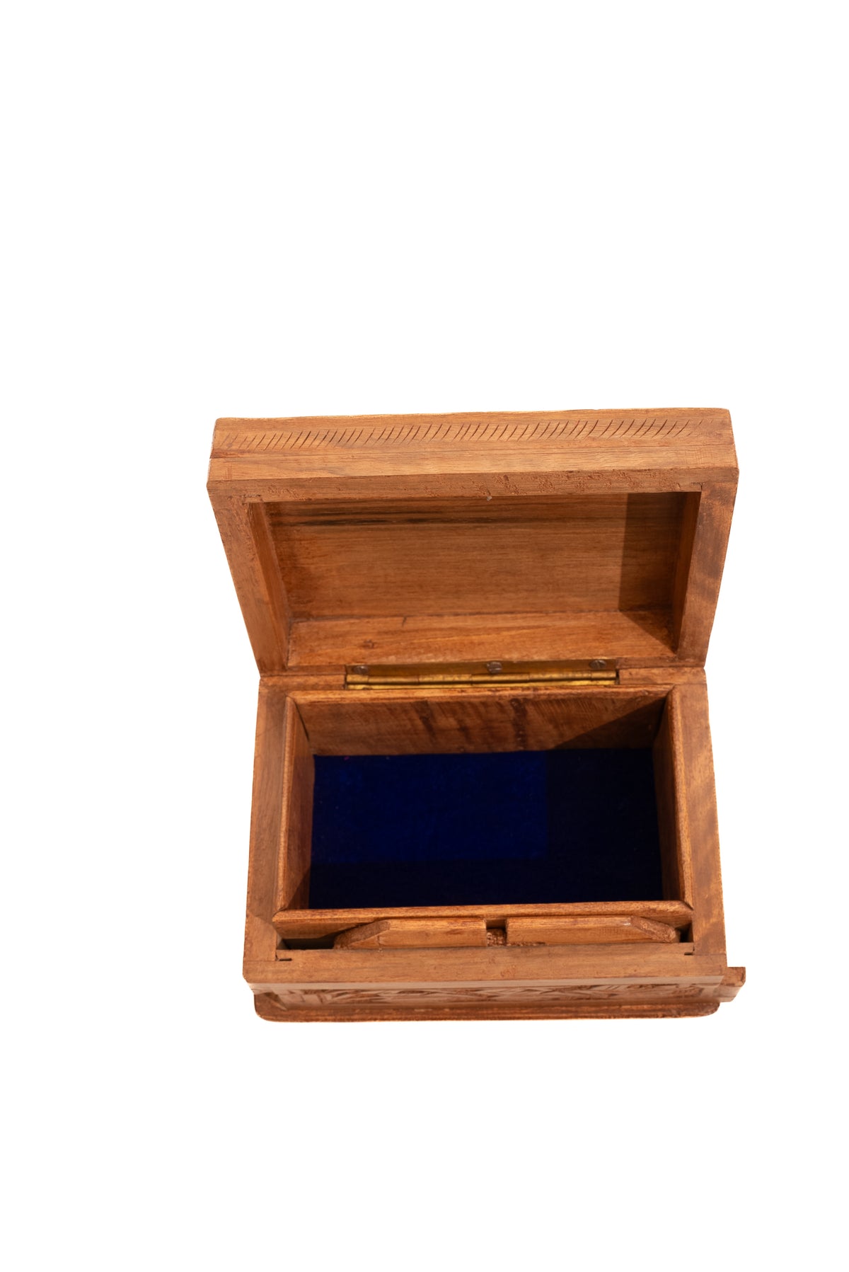Walnut wood box with its lid open, showing a dark blue-lined compartment and wooden front latch