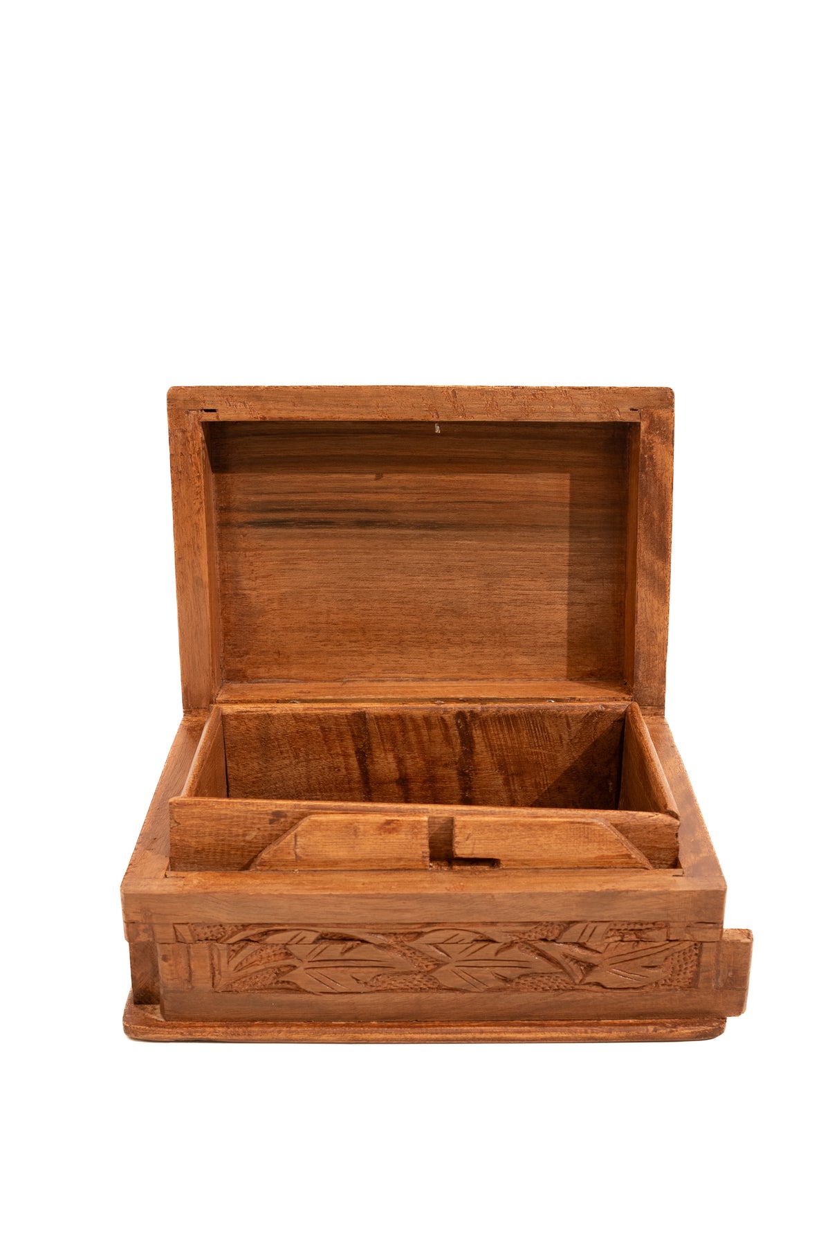 Front view of the open walnut box, showing the plain wooden inner lid and carved leaf panel below the latch