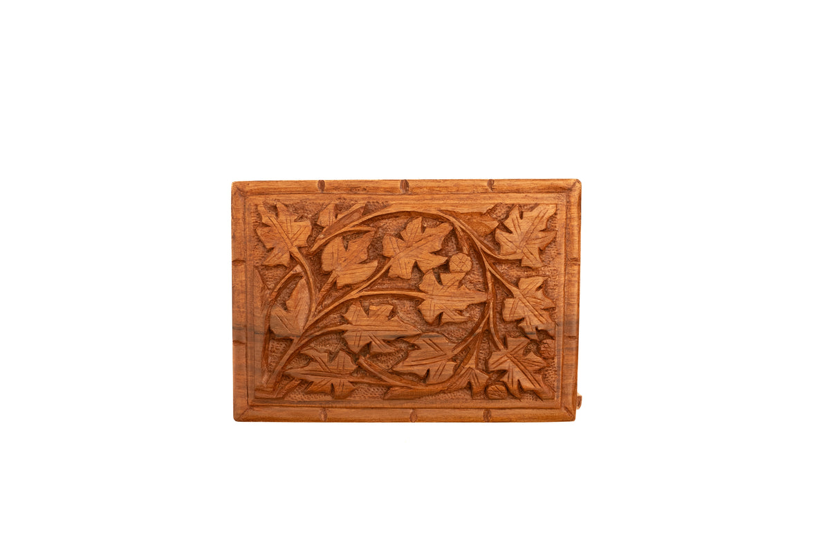 Size: 6" x 6" x 2.5" Hand Carved Walnut Wood Wooden Box: Leaf Cascade Chest