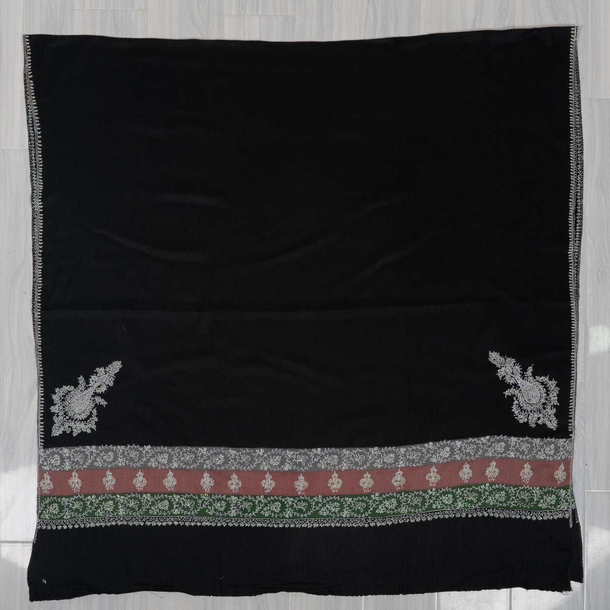 Midnight Regal Charm: Merino wool 2.5 Yards Sozni Hand Embroidered Shawl