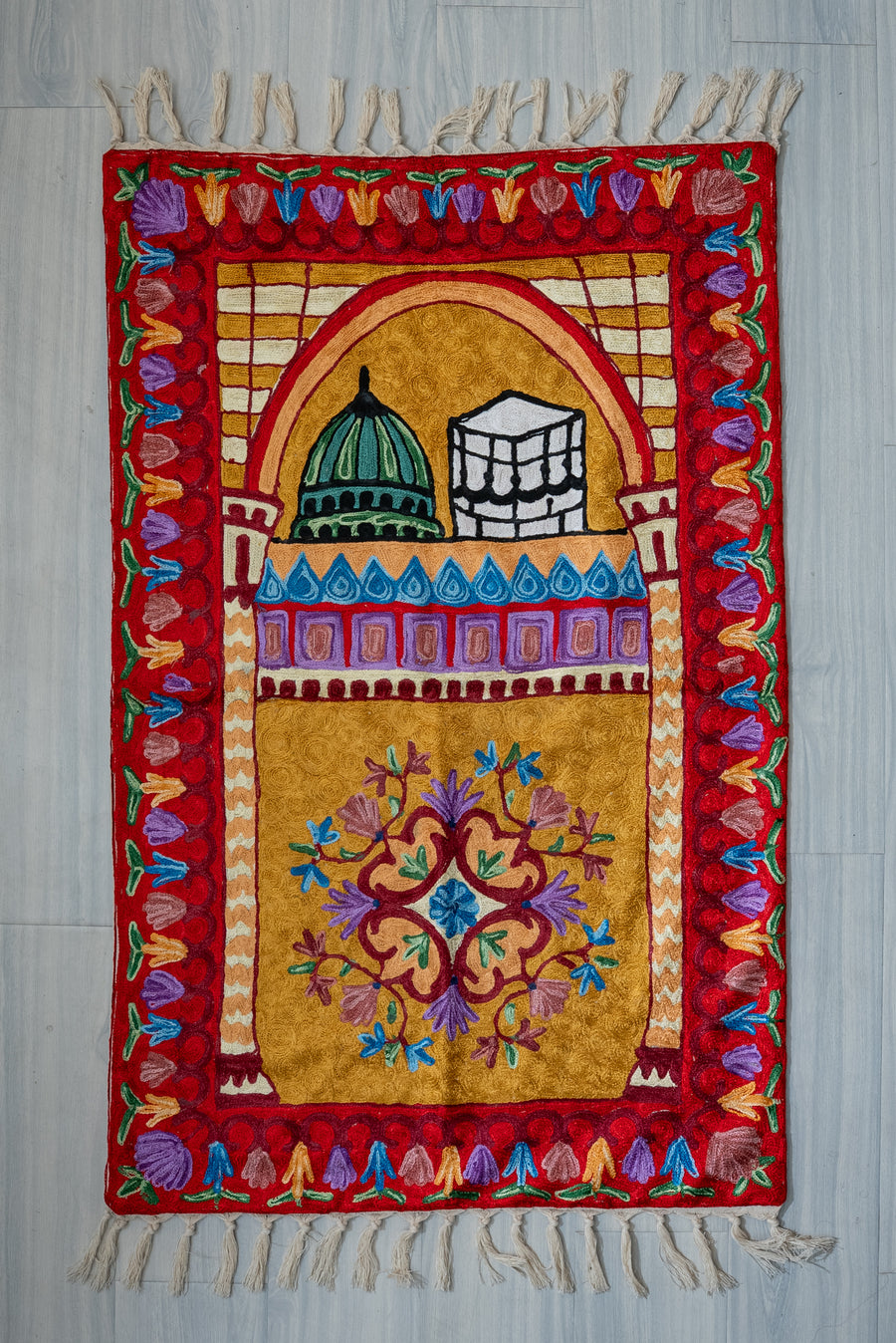 Sacred Harmony Arch: Hand Embroidered Jainimaz (Prayer Mat)