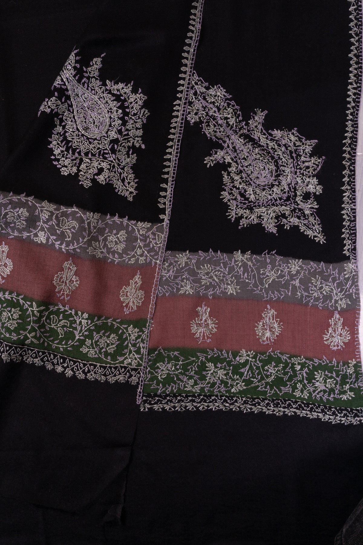 Midnight Regal Charm: Merino wool 2.5 Yards Sozni Hand Embroidered Shawl