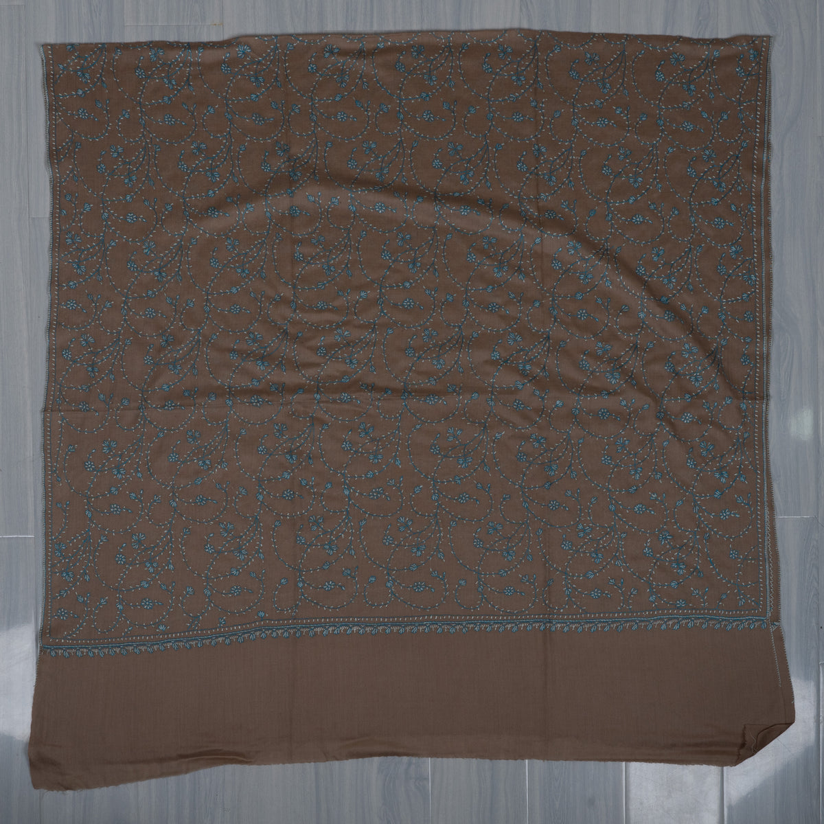 Desert Bloom Teal: Merino wool 2.5 Yards Sozni Hand Embroidered Shawl