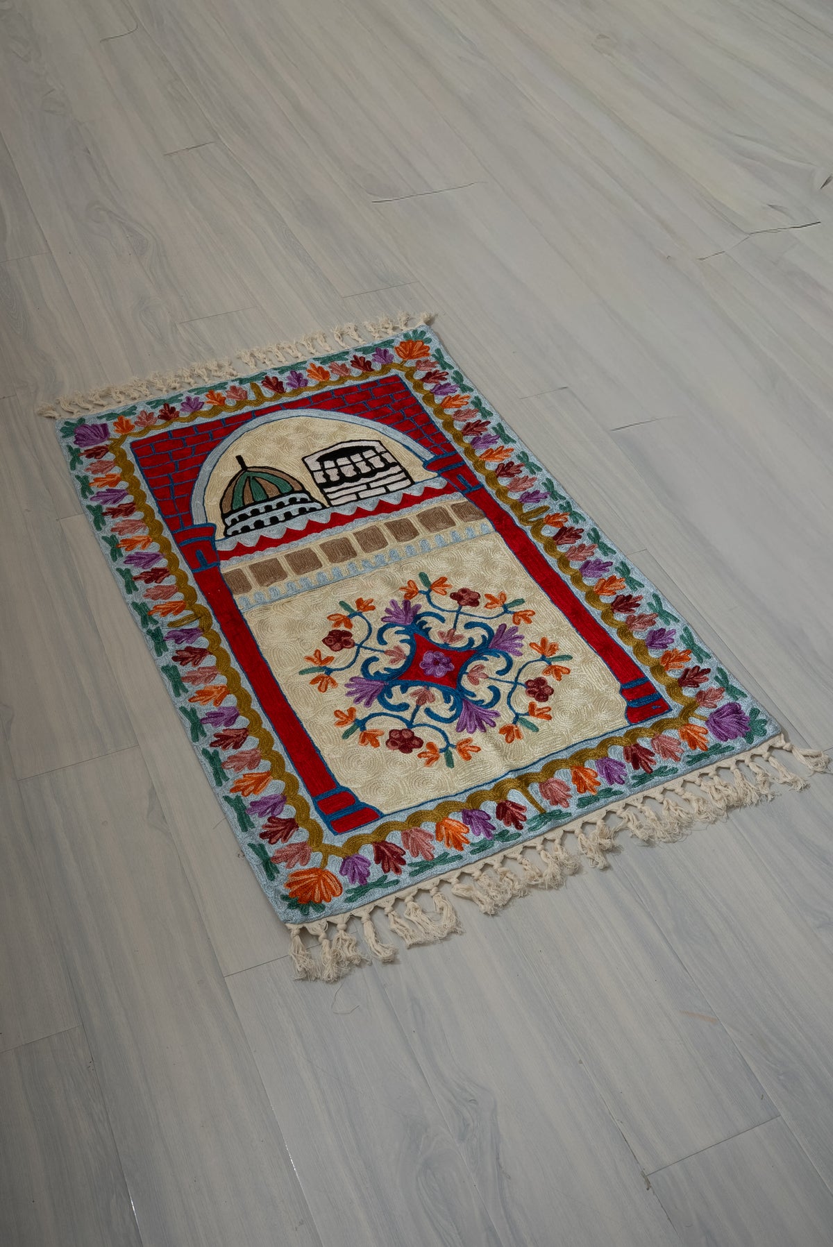 Divine Courtyard Bloom: Hand Embroidered Jainimaz (Prayer Mat)