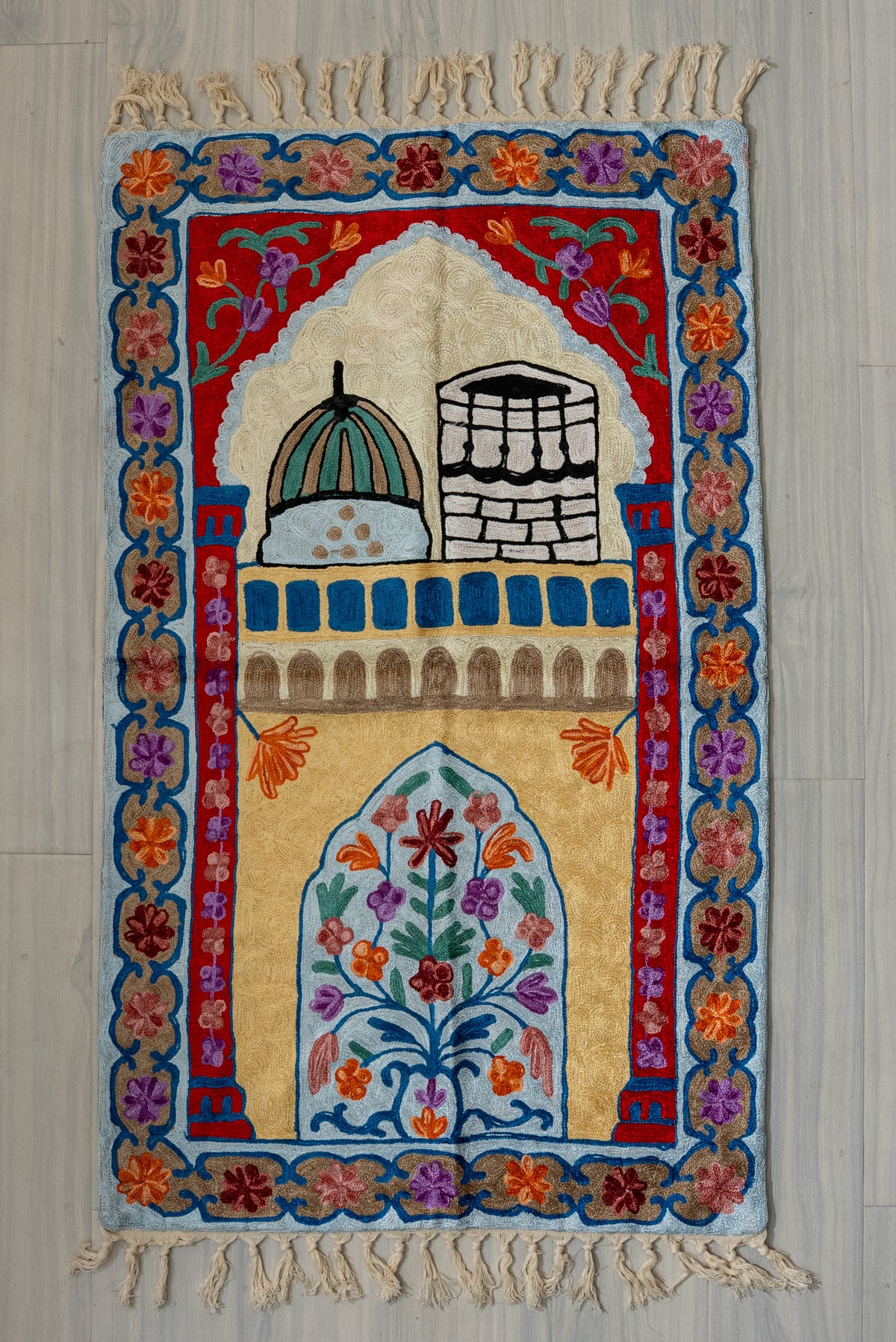 Sacred Blossom Archway: Hand Embroidered Jainimaz (Prayer Mat)