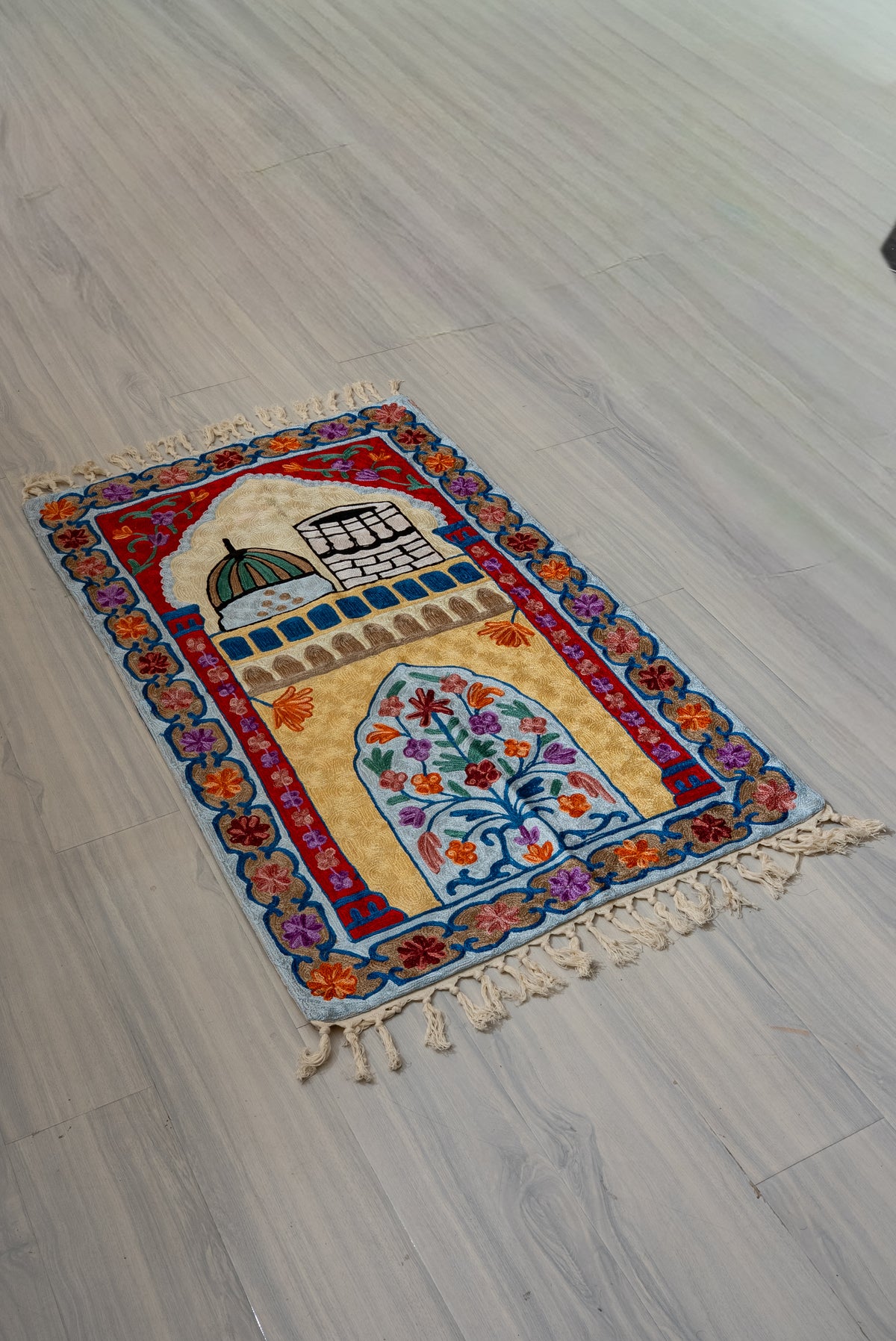 Sacred Blossom Archway: Hand Embroidered Jainimaz (Prayer Mat)