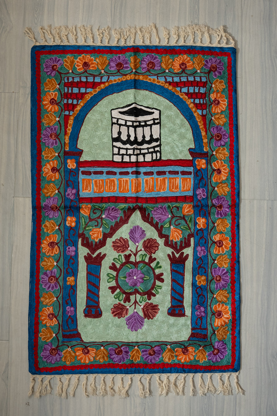 Crimson Garden Serenity: Hand Embroidered Jainimaz (Prayer Mat)