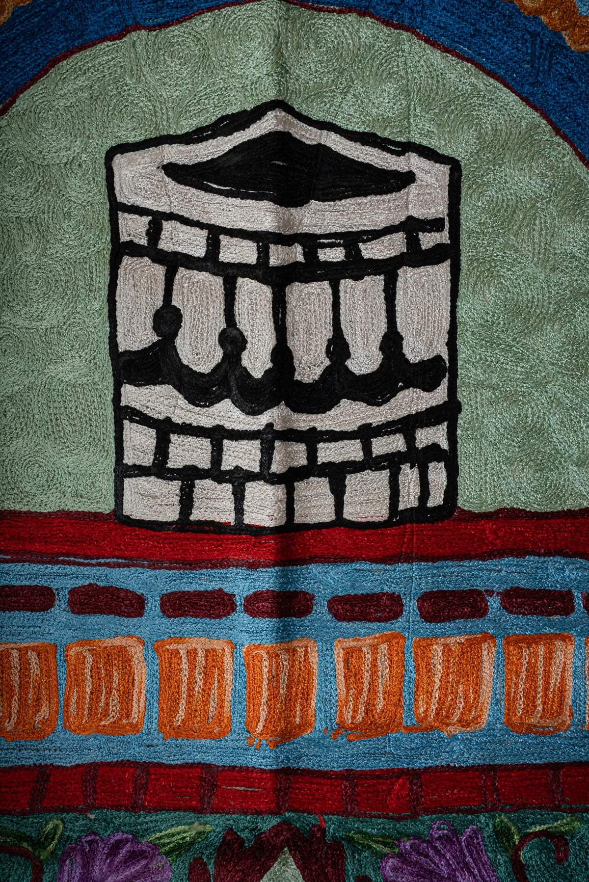 Crimson Garden Serenity: Hand Embroidered Jainimaz (Prayer Mat)