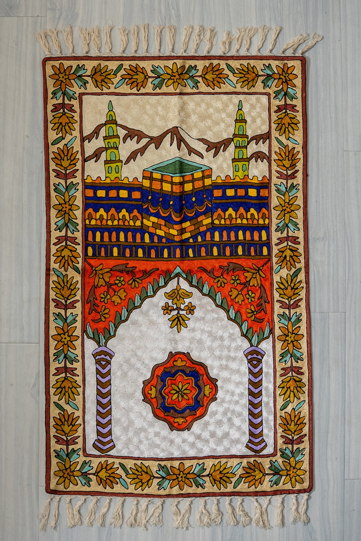 Golden Horizon Sanctuary: Hand Embroidered Jainimaz (Prayer Mat)