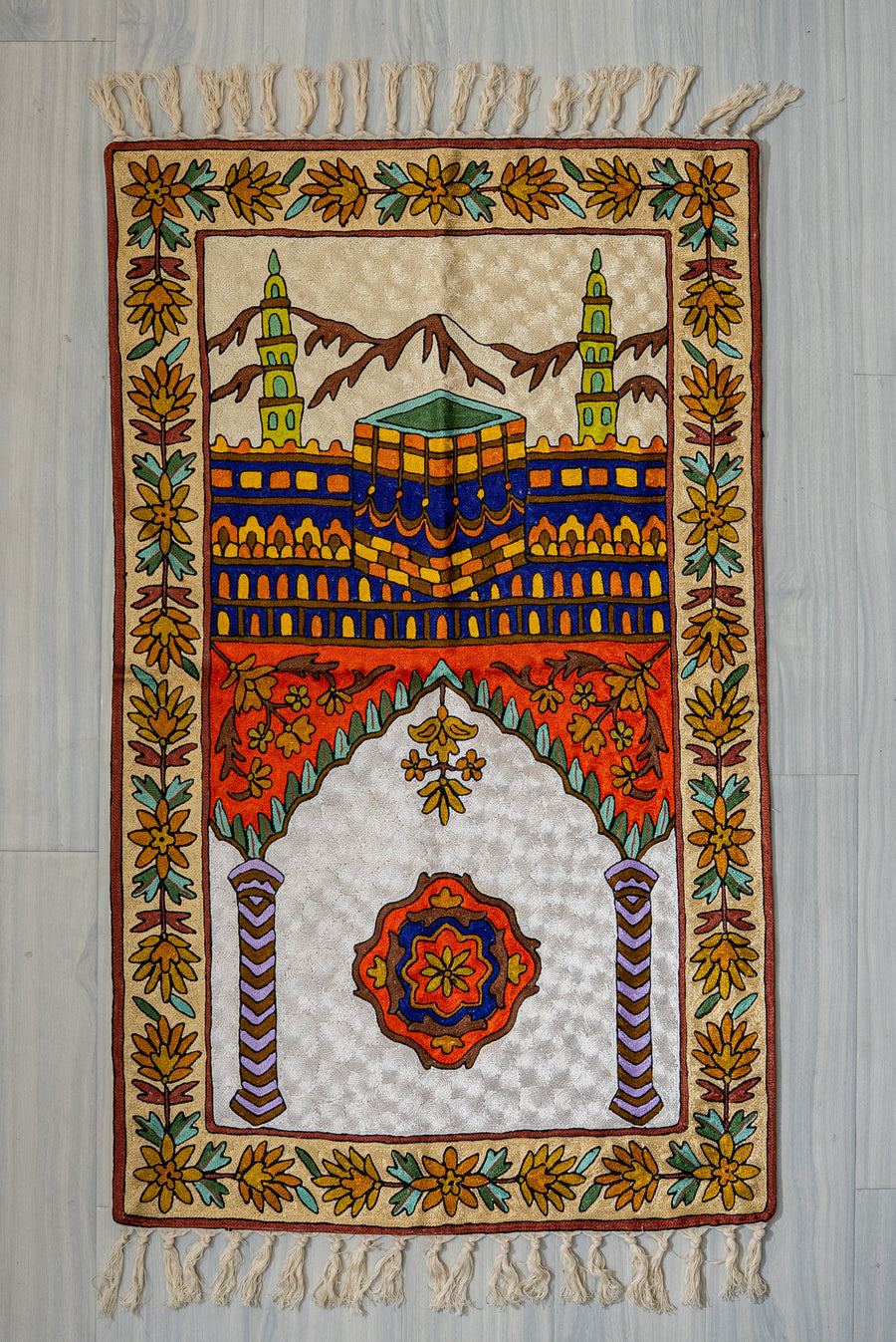 Golden Horizon Sanctuary: Hand Embroidered Jainimaz (Prayer Mat)