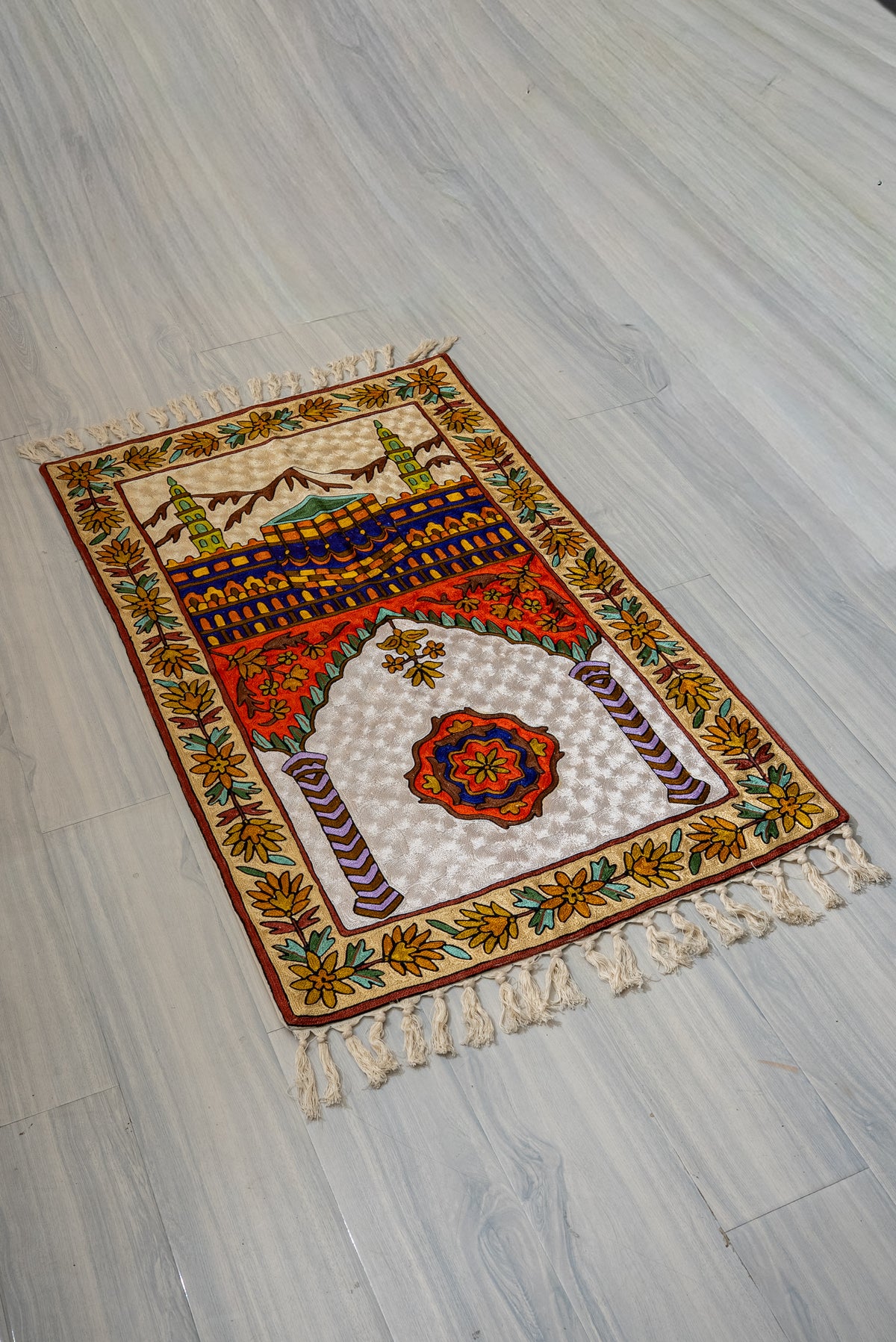 Golden Horizon Sanctuary: Hand Embroidered Jainimaz (Prayer Mat)