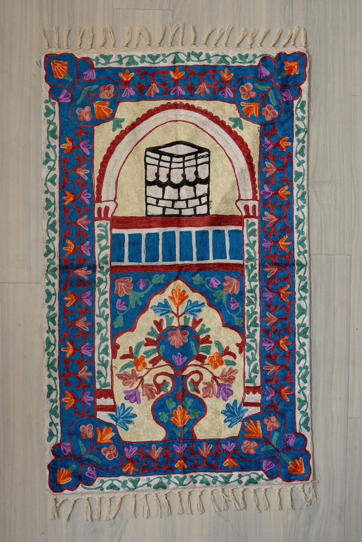 Azure Blossom Sanctuary: Hand Embroidered Jainimaz (Prayer Mat)
