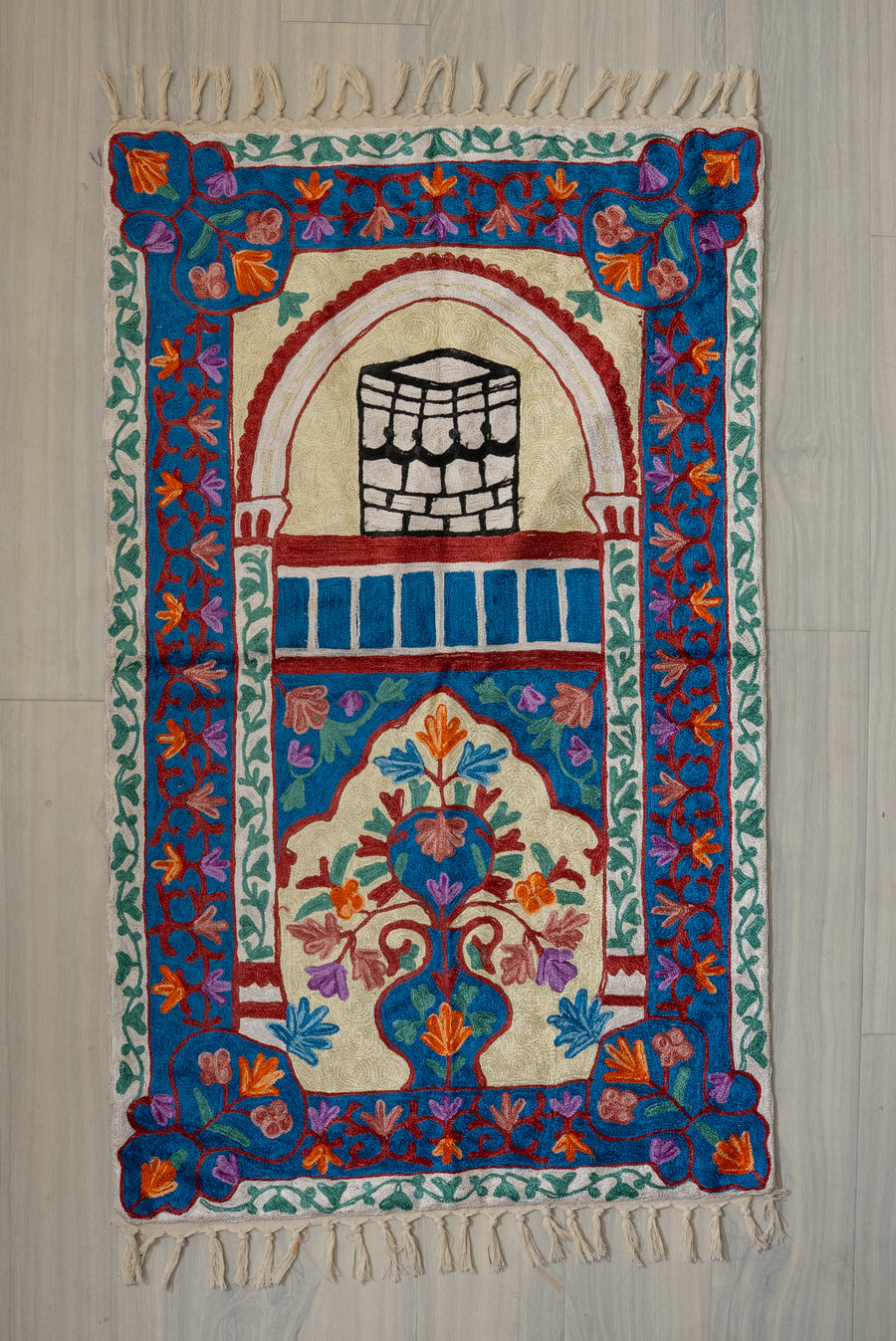 Azure Blossom Sanctuary: Hand Embroidered Jainimaz (Prayer Mat)