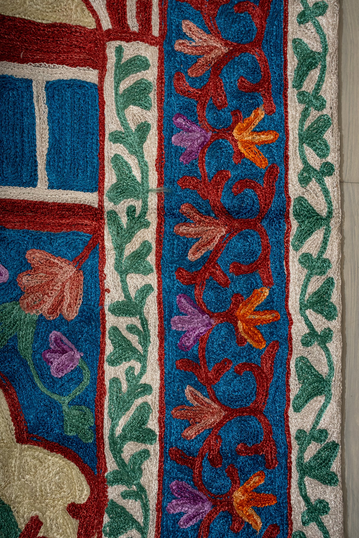 Azure Blossom Sanctuary: Hand Embroidered Jainimaz (Prayer Mat)