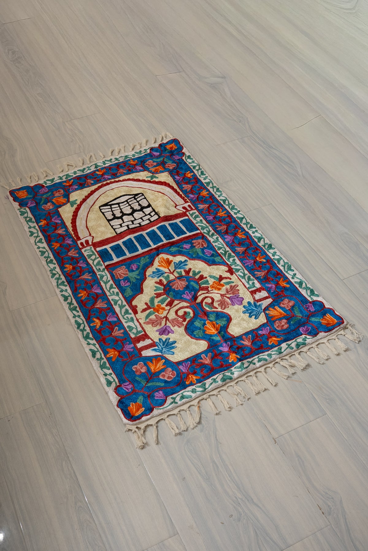 Azure Blossom Sanctuary: Hand Embroidered Jainimaz (Prayer Mat)