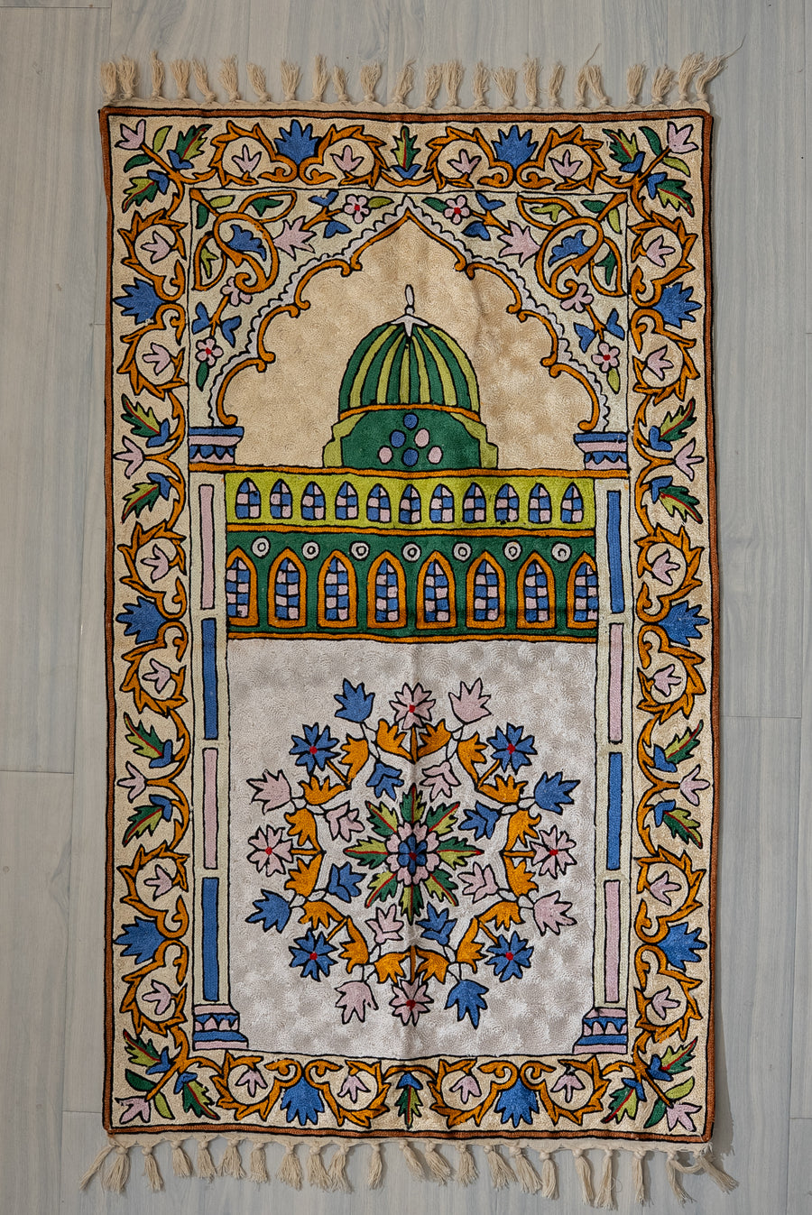 Emerald Dome Garden: Hand Embroidered Jainimaz (Prayer Mat)
