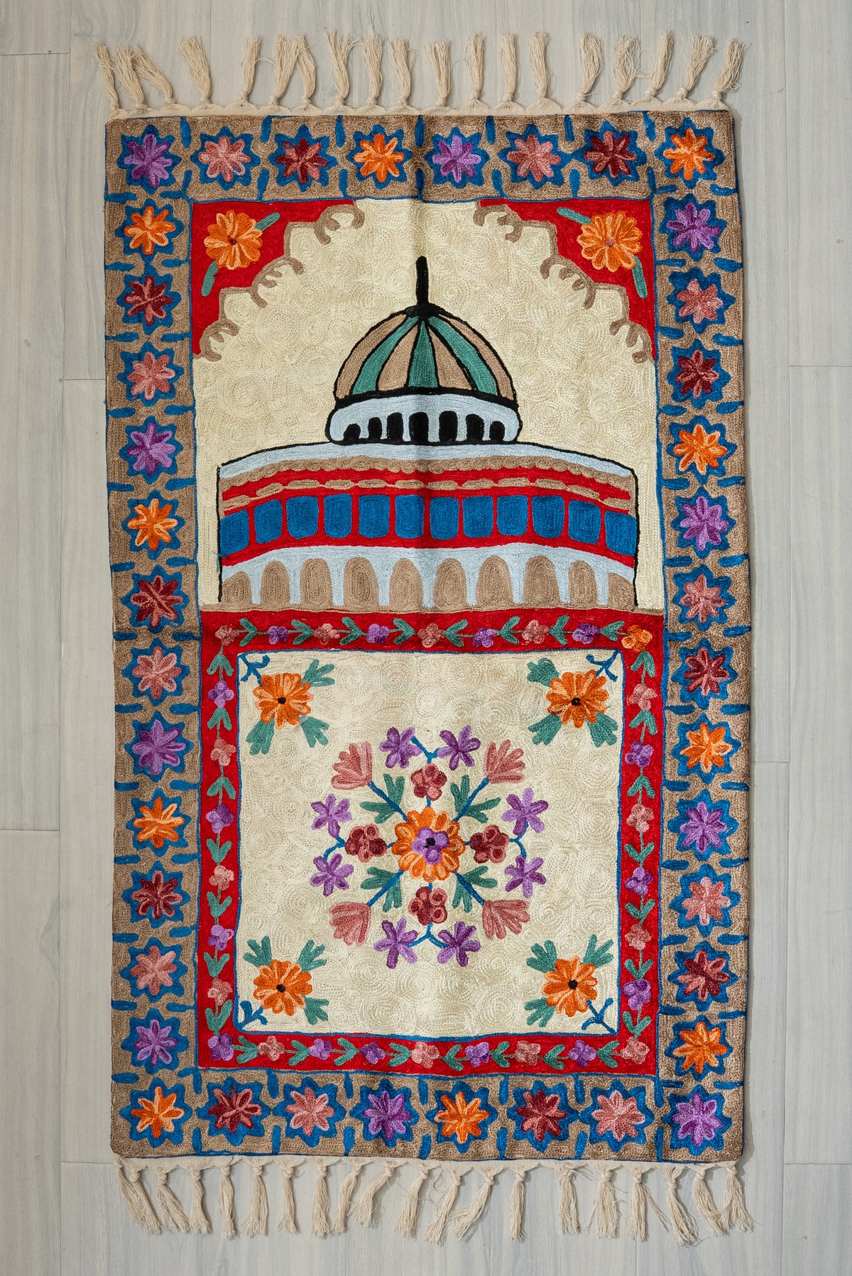 Azure Heritage Bloom: Hand Embroidered Jainimaz (Prayer Mat)