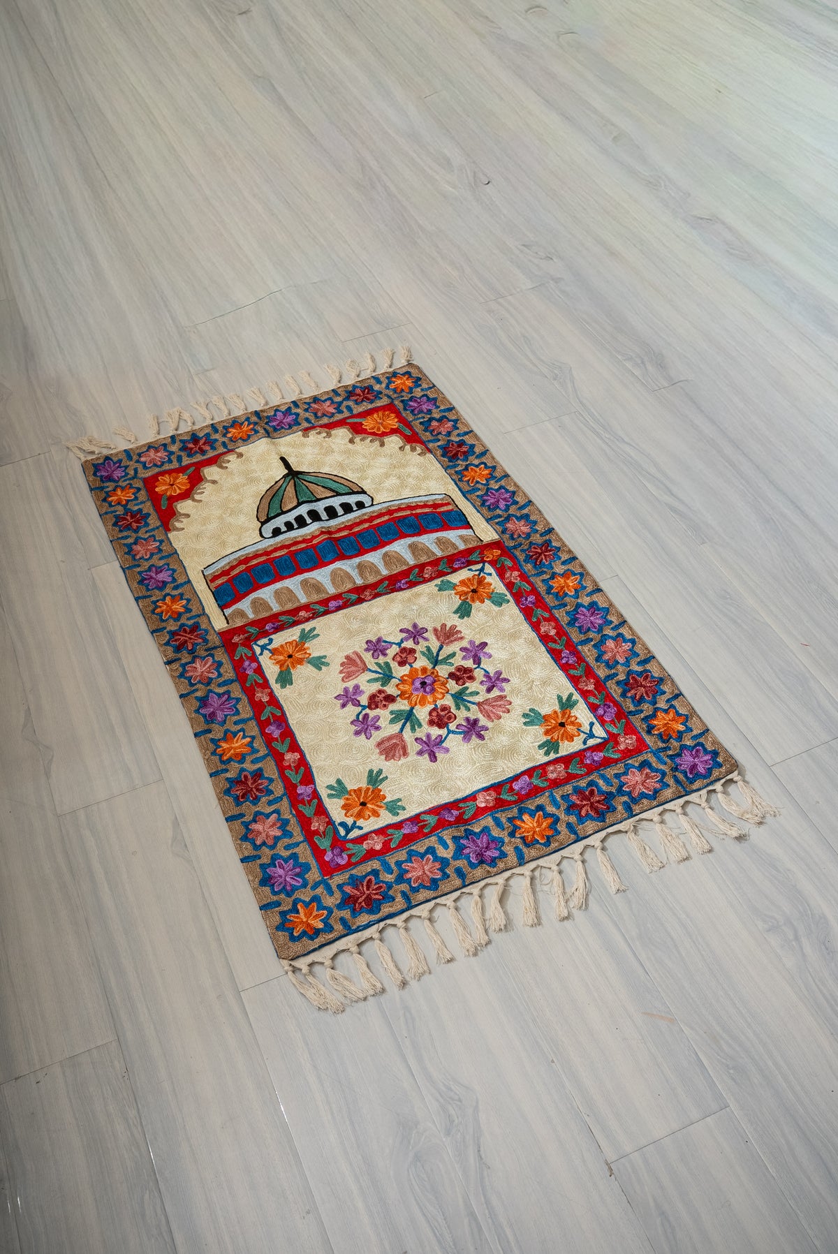 Azure Heritage Bloom: Hand Embroidered Jainimaz (Prayer Mat)